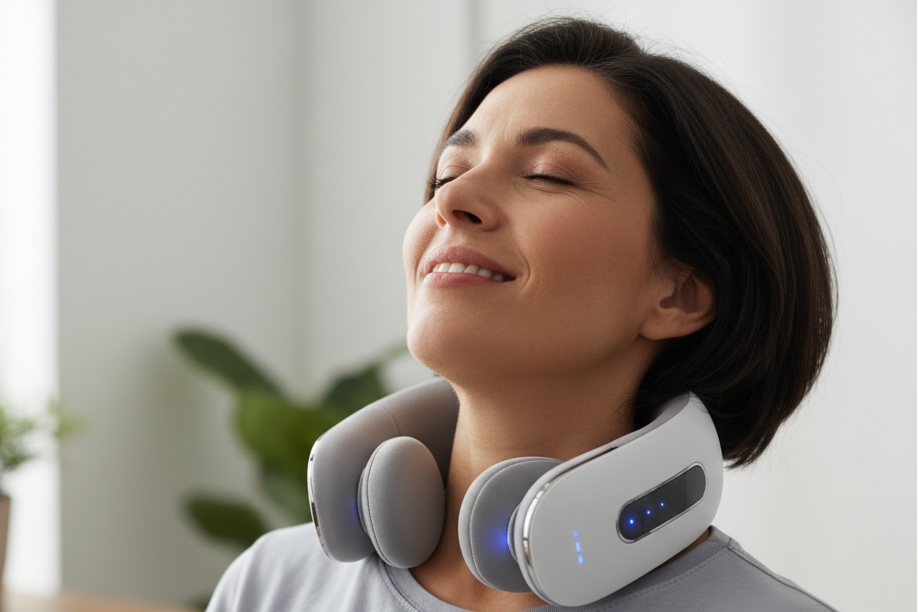 A woman with short dark hair wearing a light gray shirt, smiling with her eyes closed as she uses a white and gray neck massager with blue LED lights.